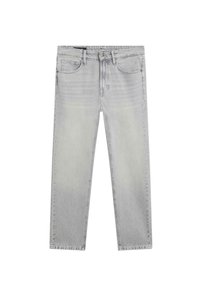 Light gray denim jeans with a straight leg cut, five pockets, and a zip fly. Subtle fading and no visible patterns or hardware details.