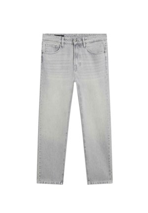 Lichtgrijze spijkerbroek met een rechte pijp, vijf zakken en een rits. Subtiele vervaging zonder zichtbare patronen of hardware details.