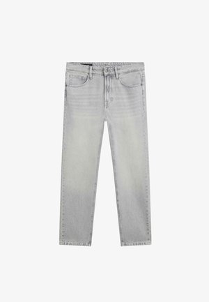 Light gray denim jeans with a straight leg cut, five pockets, and a zip fly. Subtle fading and no visible patterns or hardware details.