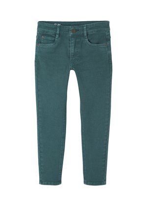 Slim fit teal blue jeans with front button, belt loops, and five-pocket design, laid flat on white background.