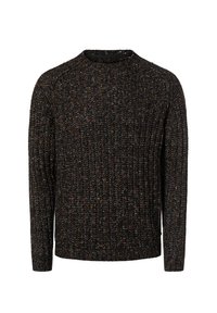 Dunkler mehrfarbiger Strickpullover aus strukturiertem Garn, mit rundem Ausschnitt und langen Ärmeln mit gerippten Bündchen und Saum.