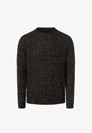 Dark multicolor knit sweater made from textured yarn, featuring a round neckline and long sleeves with ribbed cuffs and hem.