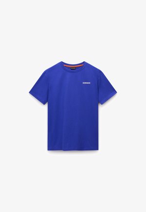 Niebieska bawełniana koszulka z okrągłym dekoltem, krótkimi rękawami i małym nadrukowanym logo z przodu. Gładka tekstura i standardowy krój.