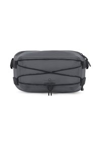 Borsa a tracolla grigia con superficie liscia e impermeabile; presenta dettagli in corda bungee e un logo frontale; include spallacci regolabili.
