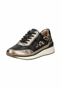 Sneaker nero e metallico con dettagli in stampa leopardata, allacciatura frontale, zip laterale e suola in gomma bianca.
