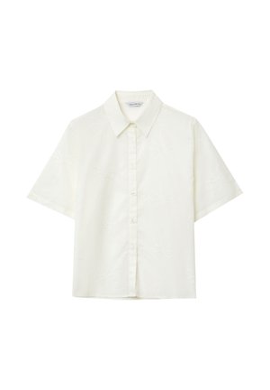 Short-sleeve white button-up shirt with subtle floral embroidery and a classic collar, displayed on a white background.