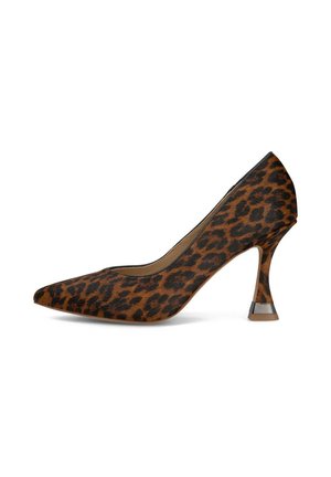 Scarpa con tacco alto in stampa leopardo, punta affusolata, realizzata in tessuto, con tacco a blocco trasparente. Il design presenta una superficie texturizzata.