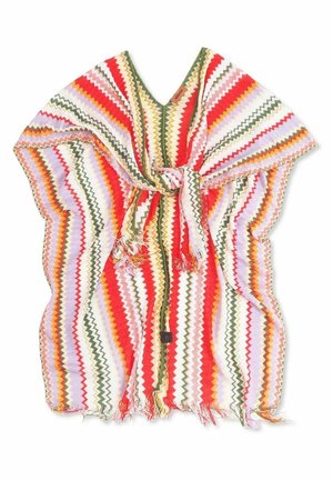 Poncho rayé en zigzag multicolore avec bords frangés et ceinture nouée à la taille, présentant des couleurs rouge, orange, vert, jaune et blanc.