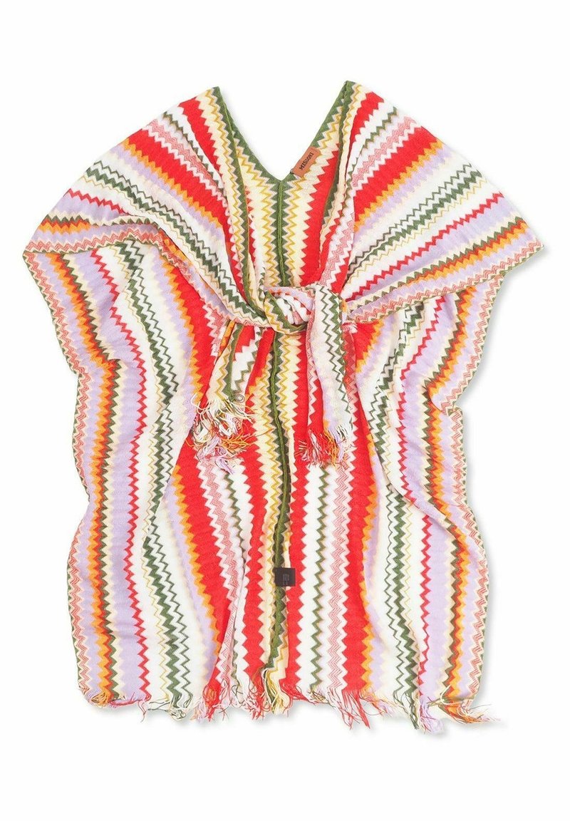 Poncho rayé en zigzag multicolore avec bords frangés et ceinture nouée à la taille, présentant des couleurs rouge, orange, vert, jaune et blanc.