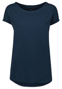Camiseta de manga corta en azul marino con un cuello redondo, fabricada en material suave, con un dobladillo ligeramente curvado y un ajuste relajado.