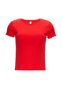 Rode t-shirt met korte mouwen in een getailleerde vorm, gemaakt van ribbelstof, met gegolfde randen op de mouwen en een ronde halslijn.