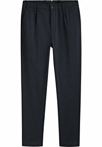 Dunkelblaue Hose aus weichem, strukturiertem Stoff. Verfügt über einen Knopfverschluss, Gürtelschlaufen und ein klassisches, gerades Bein-Design.