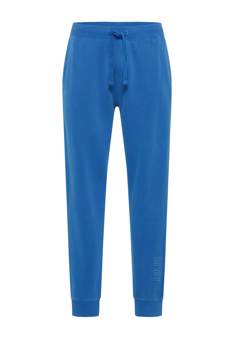 Blauwe sweatpants van zacht materiaal. Heeft een elastische tailleband met koord en aansluitende enkels. Zijdetails met logo.