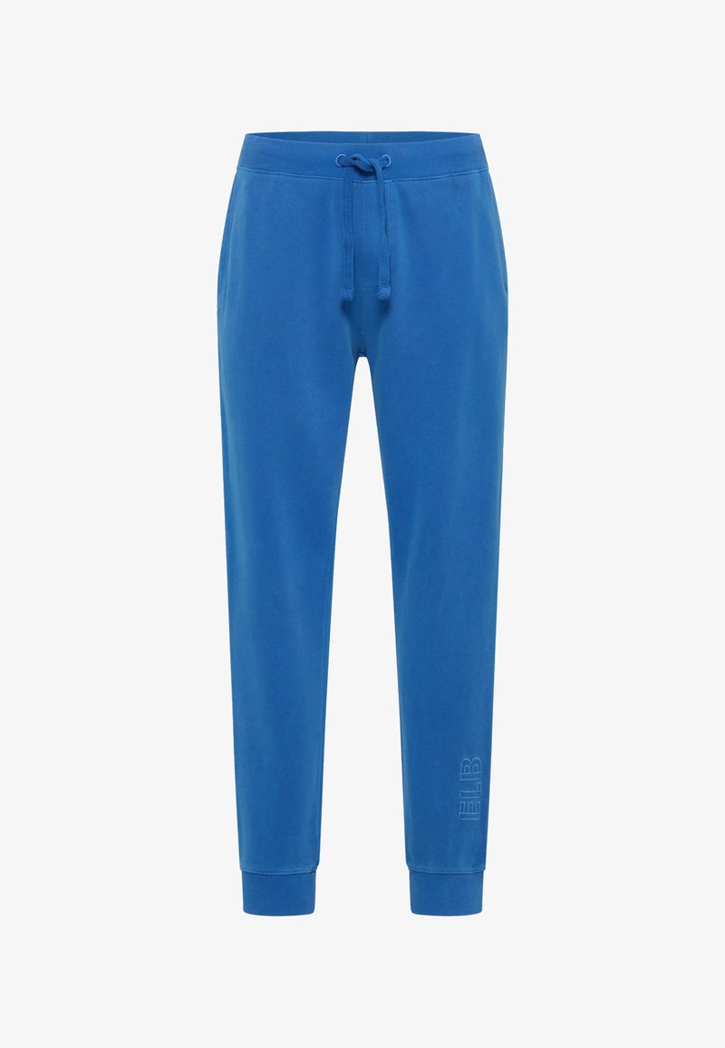 Blaue Jogginghose aus weichem Stoff. Mit einem elastischen Bund und Kordelzug sowie gerippten Knöcheln. Seitliches Logo-Detail.