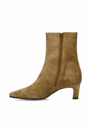 Tan suede ankle boot with pointed toe, mid-height narrow heel, and side zipper closure.