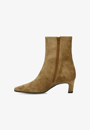 Tan suede ankle boot with pointed toe, mid-height narrow heel, and side zipper closure.