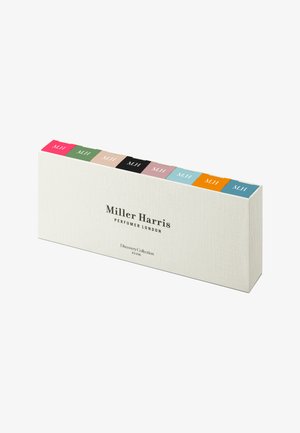Miller Harris Discovery Collection Box in strukturiertem Creme, mit acht farbcodierten Tabs (rosa, grün, schwarz usw.) und eleganter Markenpräsentation.