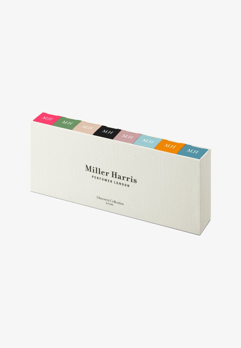 Miller Harris Discovery Collection box in textured cream, featuring eight color-coded tabs (pink, green, black, etc.) and elegant branding.