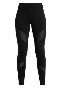 Svarta leggings med hög midja, tillverkade av stretchigt tyg med kontrasterande genomskinliga paneler i en geometrisk design längs sidorna.