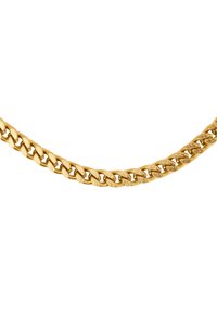 Collana in oro con design piatto, composta da anelli intrecciati, superficie testurizzata, finitura lucida e larghezza uniforme lungo tutto il gioiello.
