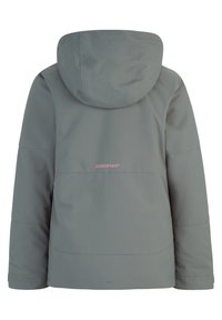 Graue wasserfeste Jacke mit Kapuze, ausgestattet mit einer glatten Textur und einem dezenten pinkfarbenen Logo am unteren Rücken. Schlichtes, funktionales Design.