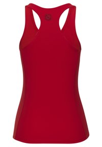 Rotes Sporttop mit Racerback-Design. Hergestellt aus glattem Stoff. Mit einem runden Logo im oberen Rückenbereich. Figurbetonte Silhouette.