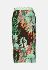 Blumiger Bleistiftrock mit braunem Grund, der grüne und orange Pflanzenmuster aufweist. Mintgrüner karierter Bund und glatte Textur.