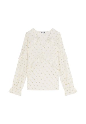 Ivoren blouse met gouden bloemenpatroon, semi-doorzichtig materiaal, V-halslijn, gerimpelde schouders en elastische manchetten op lange mouwen.
