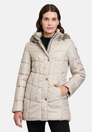 Manteau d'hiver matelassé beige avec une capuche en fourrure, design à losanges, fermeture à boutons sur le devant et deux poches latérales.