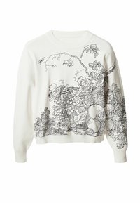 Maglione bianco con disegni a contorno nero di frutta e fogliame. Collo e polsini a coste; la vestibilità corta esalta la texture e il dettaglio del design.