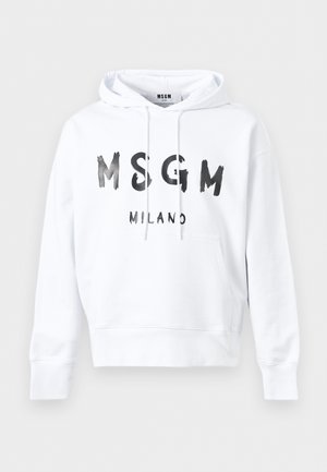 Bela jopa s kapuco, na sprednji strani črni napis "MSGM MILANO" in kenguru žep v pasu.