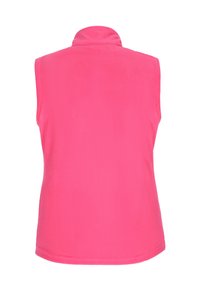 Rosa ärmellose Fleece-Weste mit hohem Kragen. Glatte Textur, einfarbig und ein einfaches Design ohne sichtbare Hardware oder Akzente.