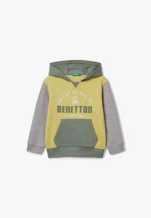 Gevoerde sweatshirt in geel, groen en grijs. Beschikt over een voorzak, elastische manchetten en bedrukte tekst "United Colors of BENETTON" op de voorkant.