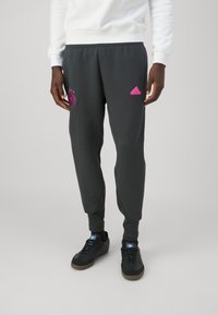 Grijze sportbroek met een relaxte pasvorm, voorzien van roze merkkleuren en een geborduurd logo. Gecombineerd met zwarte sneakers.