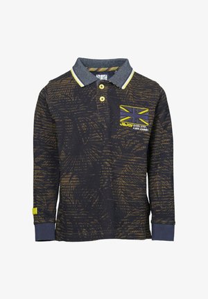 Donkerblauwe poloshirt met lange mouwen en bladerenpatroon, gele accenten, knoopsluiting met twee knopen en een grijze kraag. Bevat merkl logo met vlag.