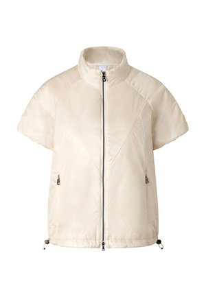 Kurzärmelige cremefarbene Steppjacke mit hohem Kragen, Frontreißverschluss, seitlichen Reißverschlusstaschen und verstellbaren Kordelzügen am Saum.