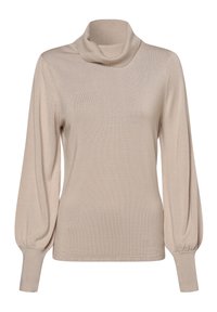 Beige pitkähihaine toppi, jossa on cowl-kaulus ja puffihihat. Pehmeä rakenne, istuvat hihansuut ja hienovarainen venyvyys.