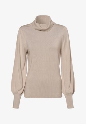 Beżowa, prążkowana bluzka z długim rękawem, posiadająca dekolt typu cowl oraz bufiaste rękawy. Miękka tekstura, dopasowane mankiety i subtelny rozciągliwość.