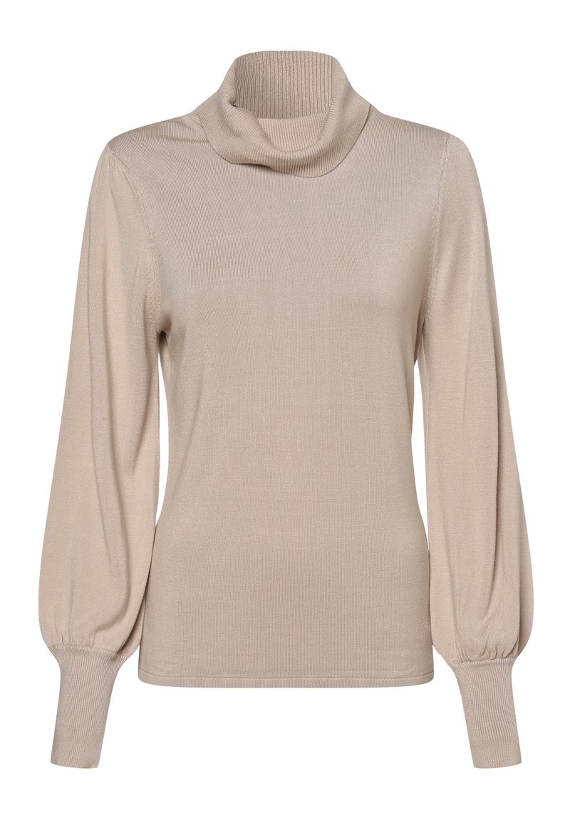 Beige pitkähihaine toppi, jossa on cowl-kaulus ja puffihihat. Pehmeä rakenne, istuvat hihansuut ja hienovarainen venyvyys.