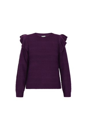 Lillasest viltkootud sviiter, millel on tekstuurne muster, ümar kaelus ja räsitud aktsendid õlgadel. Pikad varrukad ja soonikserv lõpetavad.