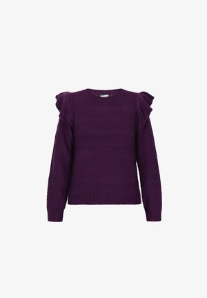 Violets adīts džemperis ar teksturētu rakstu, apaļu kaklu un ruffles akcents uz pleciem. Garas piedurknes un ribota apakšmala.