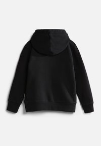Sweat à capuche noir à manches longues, vu de dos, avec poignets et ceinture côtelés sur un fond blanc uni.