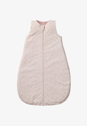 Helle rosa ärmellose Schlafsack, ausgestattet mit einem Frontreißverschluss, weichem Stoff und kleinen Blumenmustern für Textur und Detail.