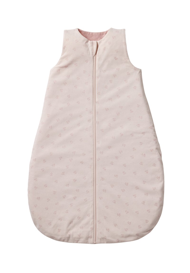 Helle rosa ärmellose Schlafsack, ausgestattet mit einem Frontreißverschluss, weichem Stoff und kleinen Blumenmustern für Textur und Detail.