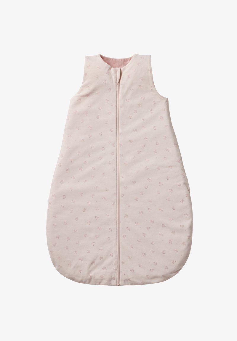 Helle rosa ärmellose Schlafsack, ausgestattet mit einem Frontreißverschluss, weichem Stoff und kleinen Blumenmustern für Textur und Detail.
