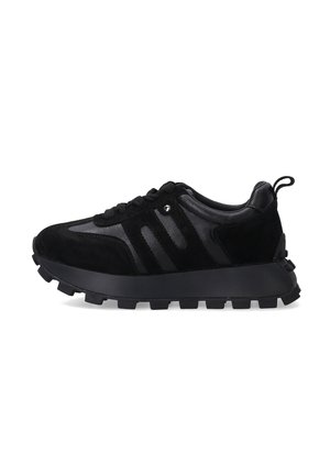 Black athletic sneakers made of suede and synthetic material, featuring a textured upper, thick sole, laces, and a pull tab on the heel.