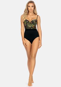Czarny kostium kąpielowy o wysokim stanie z kolorowym wzorzystym topem, ozdobionym motywami zwierząt. Regulowane ramiączka i usztywniany biust dla lepszej podpory.