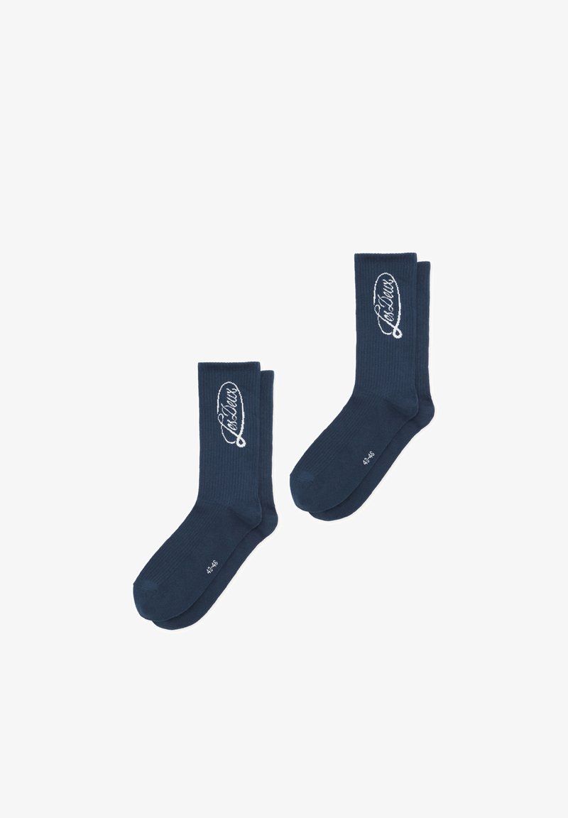 Paire de chaussettes montantes côtelées bleu marine avec logo blanc en cursive et marquages taille 43-46 sur le pied et le mollet.