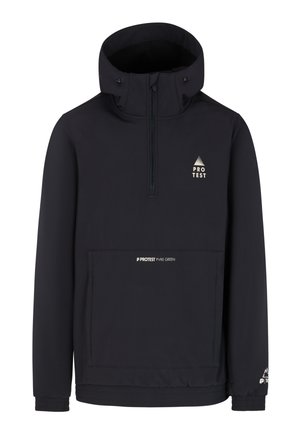 Chaqueta de pullover negra con cuello alto, cremallera de cuarto, bolsillo frontal, puños elásticos y sutiles detalles de logotipo en dorado y blanco.