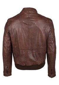 Braune Lederbomberjacke mit geripptem Taillenbund, glatter Textur und einem klassischen Design mit Schulternähten und minimaler Nahtführung.